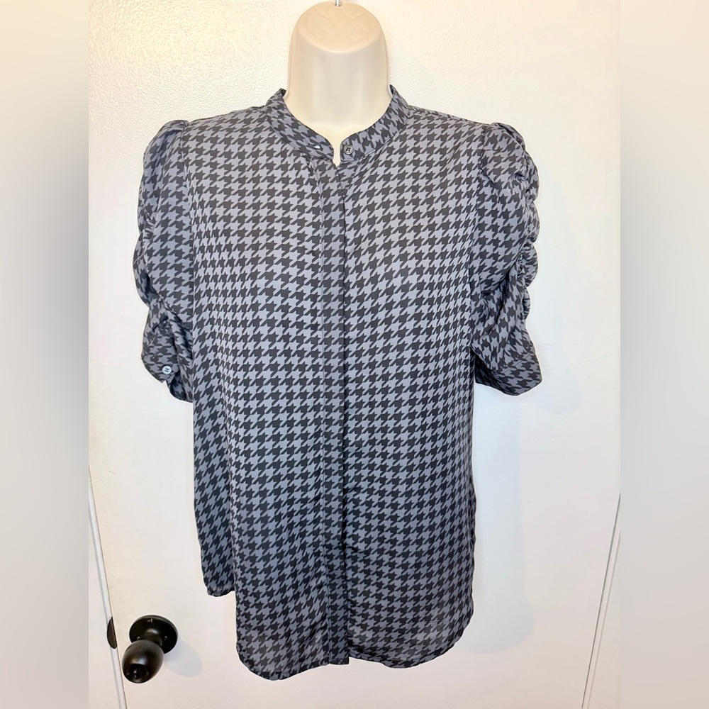 Laundry by Shelli Segal Blouse Womens XS Black Gray Houndstooth Ruched Sleeve